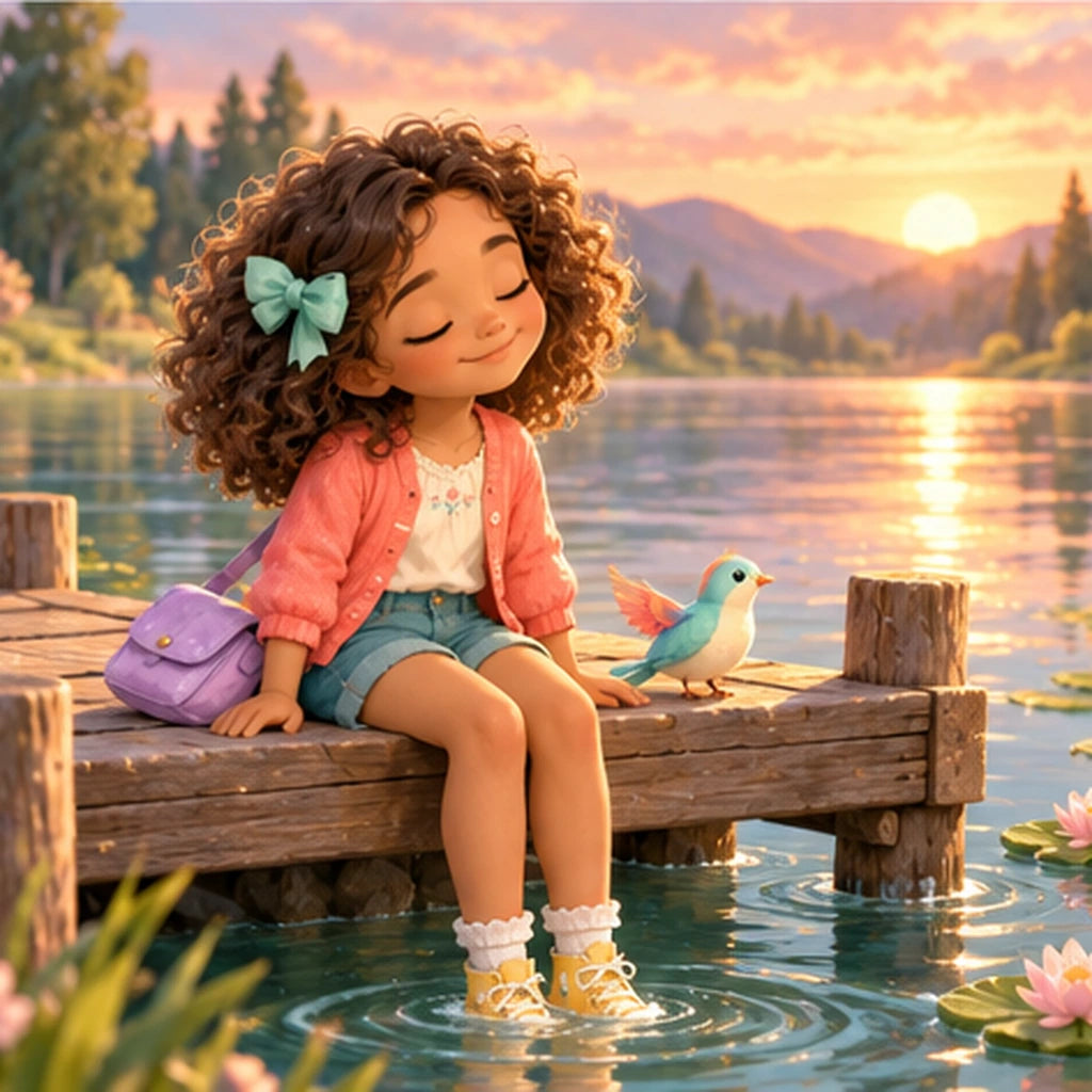 Léa et Plume au bord du lac au coucher de soleil