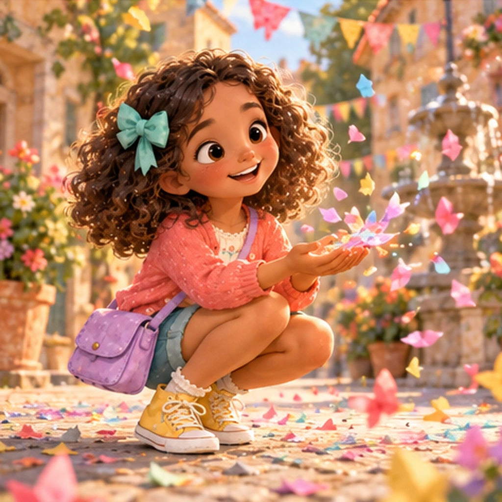 Léa émerveillée par les confettis